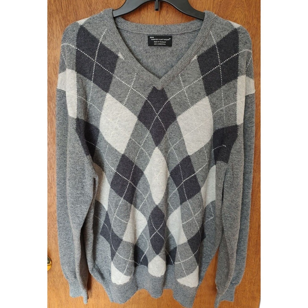 Hawick Knitwear size 2XL lambswool gray V-neck argyle sweater made in Scotland